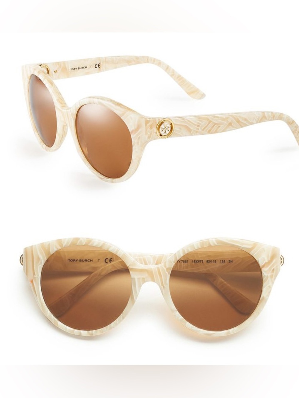 Tory Burch Round Logo Cream Marbled Sunglasses with Brown Lenses and Gold Logo